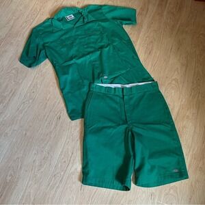 Dickies Men's Emerald Green Shorts & Button Up Mechanic Shirt Collared Set